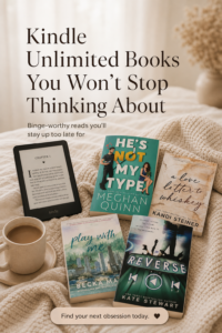 Kindle Unlimited romance books flat lay with Kindle device, cozy reading setup, and popular romance titles for women