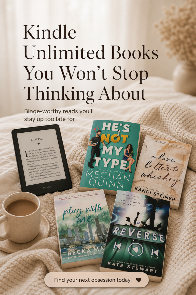 Kindle Unlimited romance books flat lay with Kindle device, cozy reading setup, and popular romance titles for women
